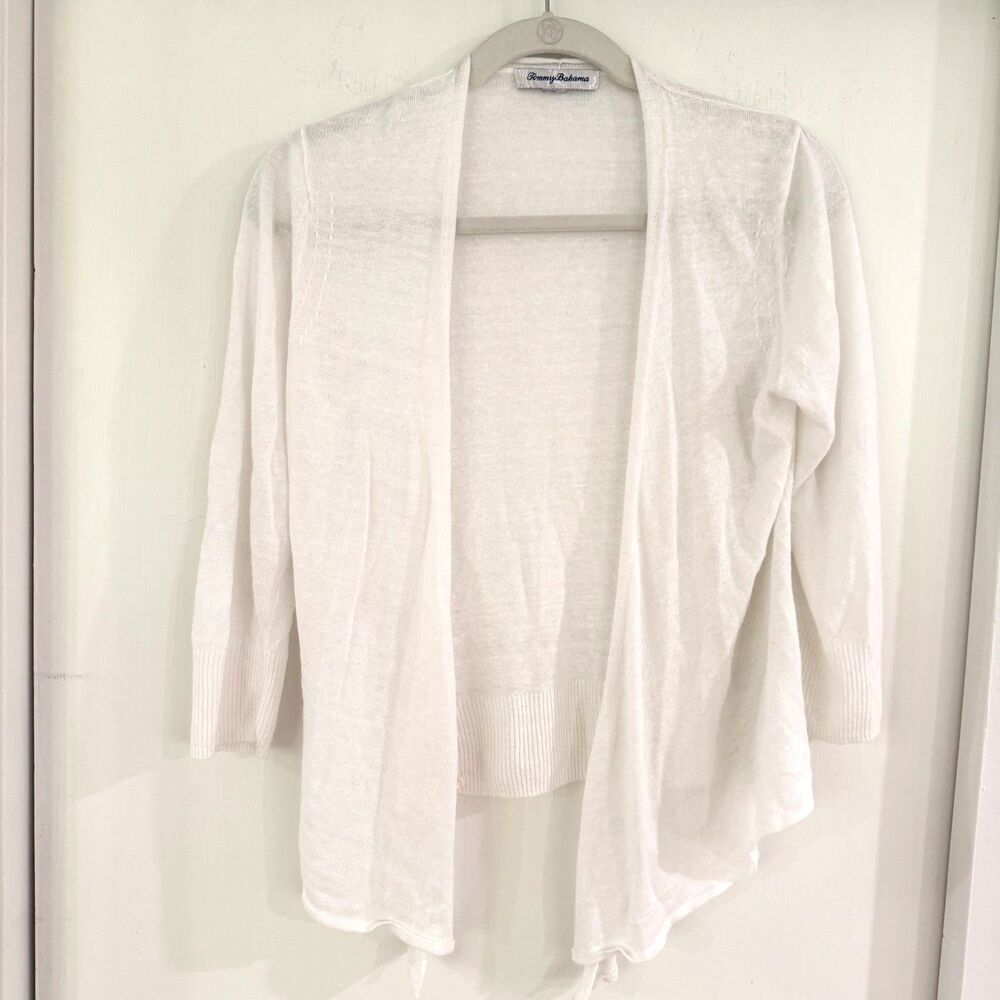 Tommy Bahama White Linen Open-Front Cardigan XS 3/4 Sleeve Sheer Knit